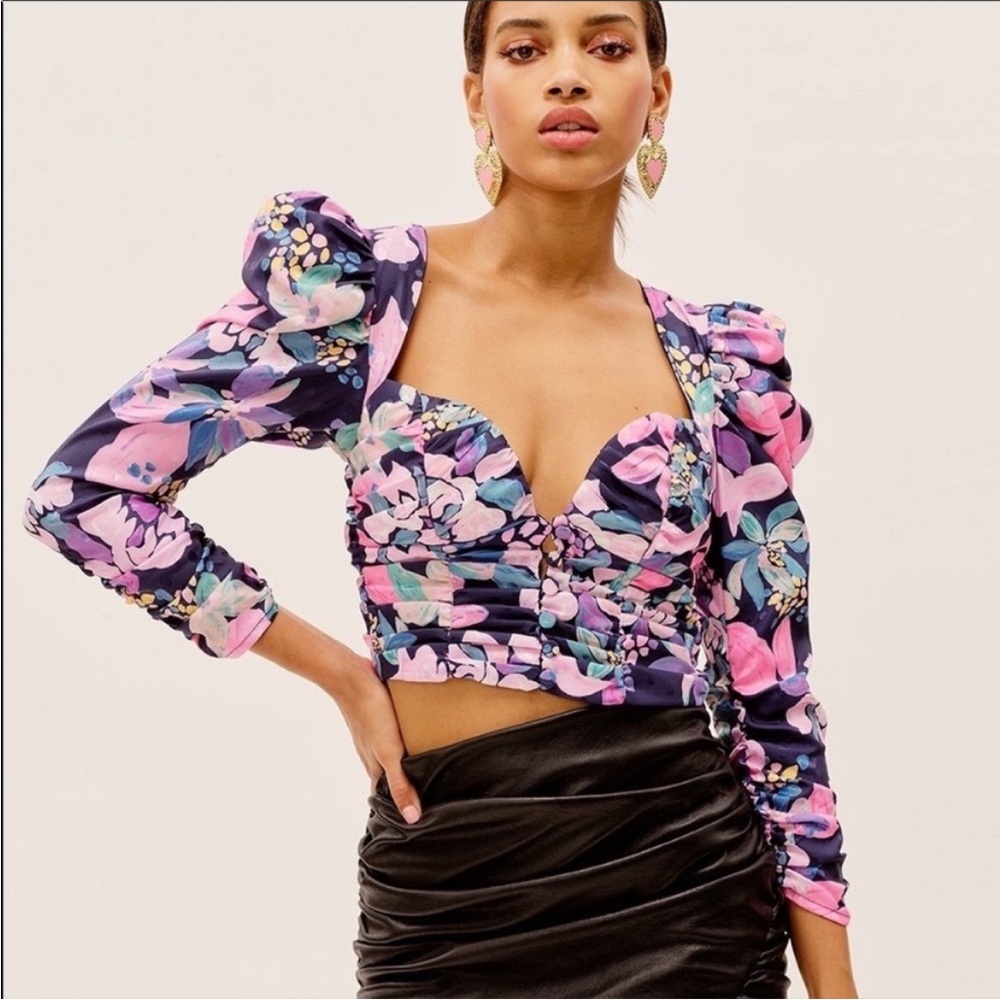 Floral Puff Sleeve Top - Pink and Blue